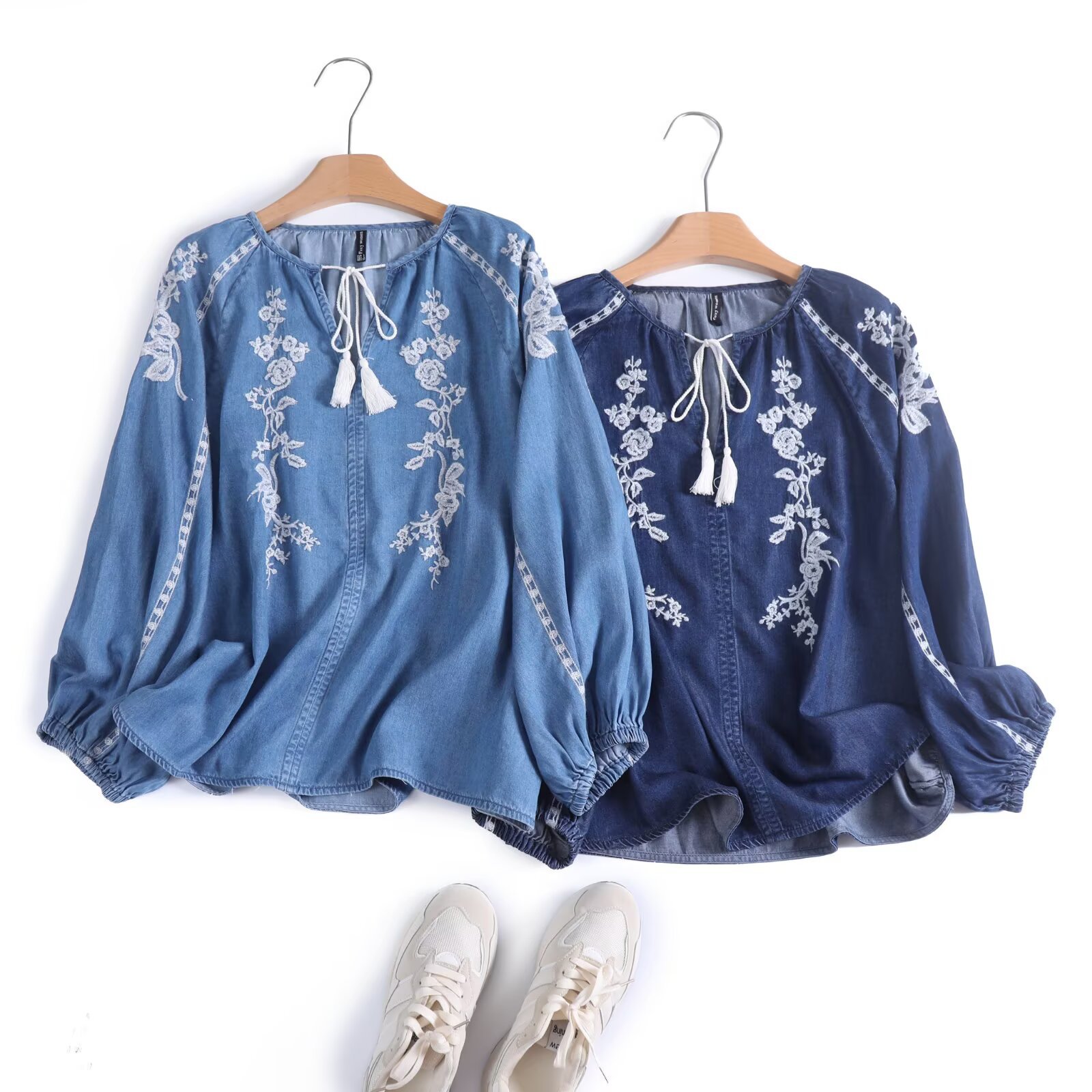 Embroidery Uniform - Women Denim Blouse Top Flower Embroidery
