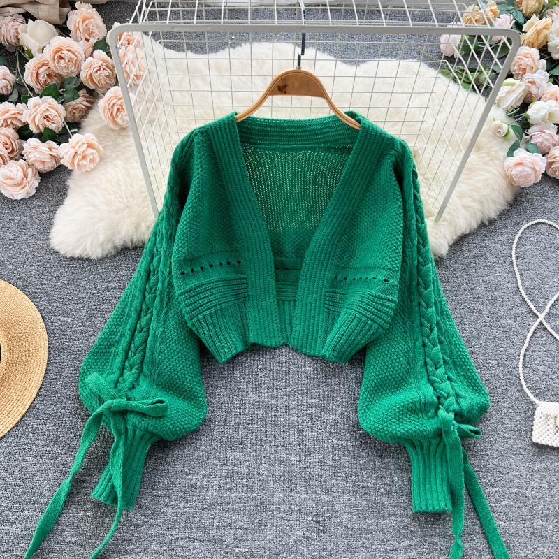 Embroidery Online - Green Casual Acrylic Knit V-Neck Lantern