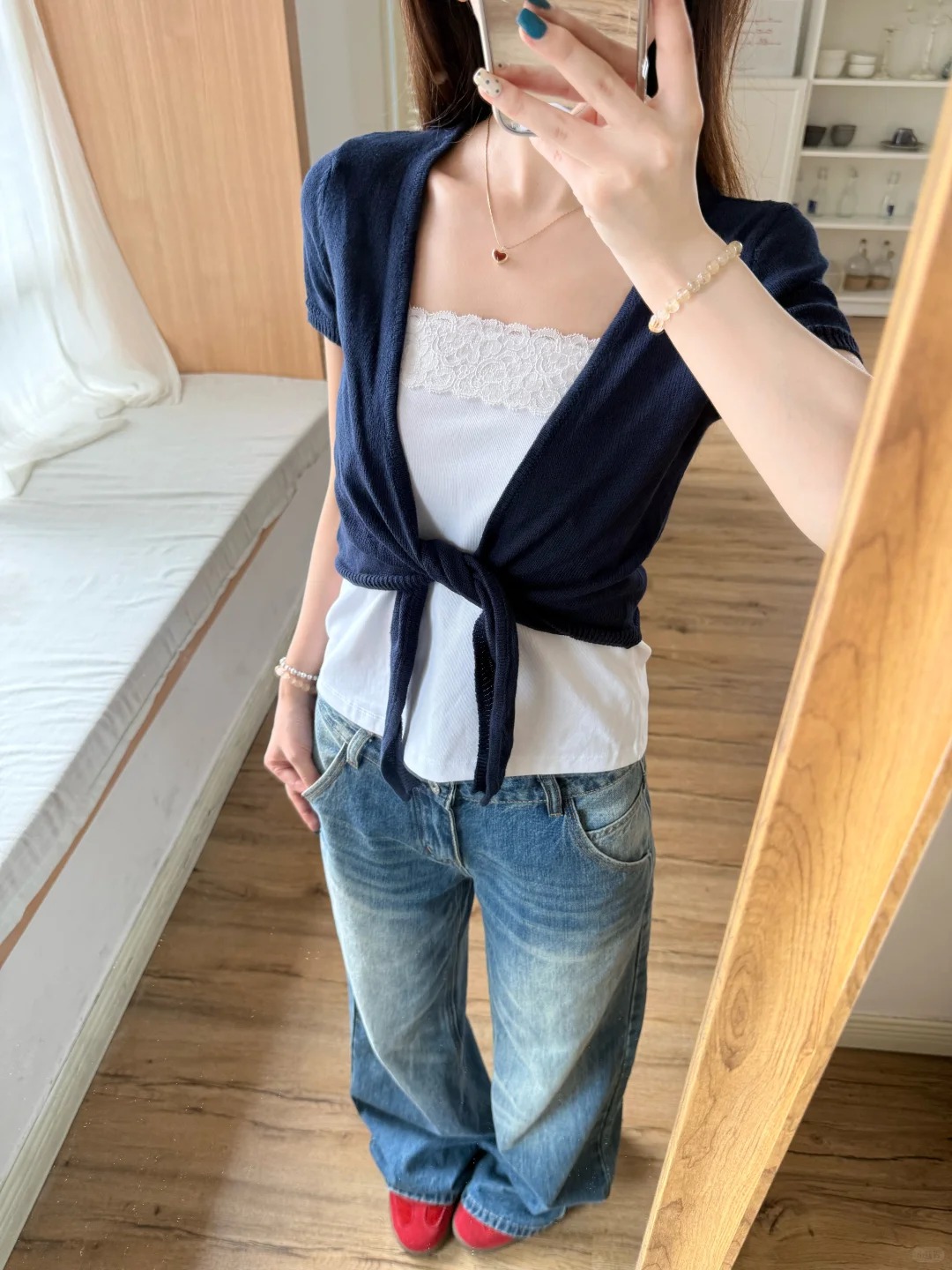 Embroidery Online - Navy Lace-up Cardigan Women Cotton Slim
