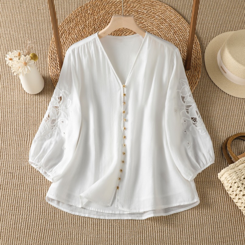 Embroidery Cotton Shirt - Design Casual Cotton Linen Hollow Embroidery