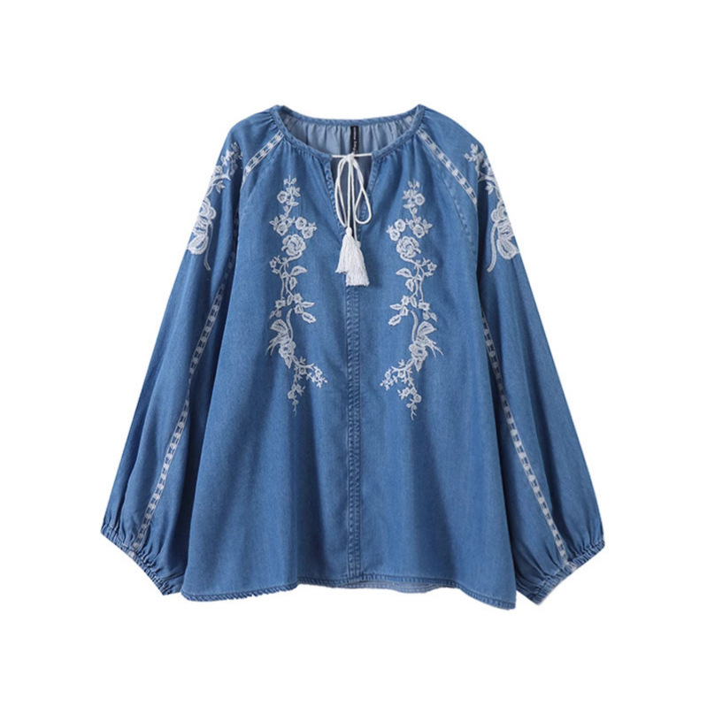 Women Denim Blouse Top Flower  - đánh giá và giá Embroidery Uniform