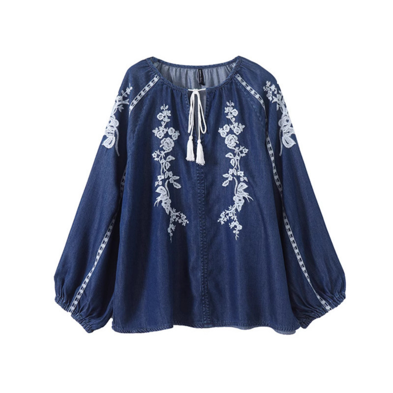 Women Denim Blouse Top Flower  - đánh giá và giá Embroidery Uniform