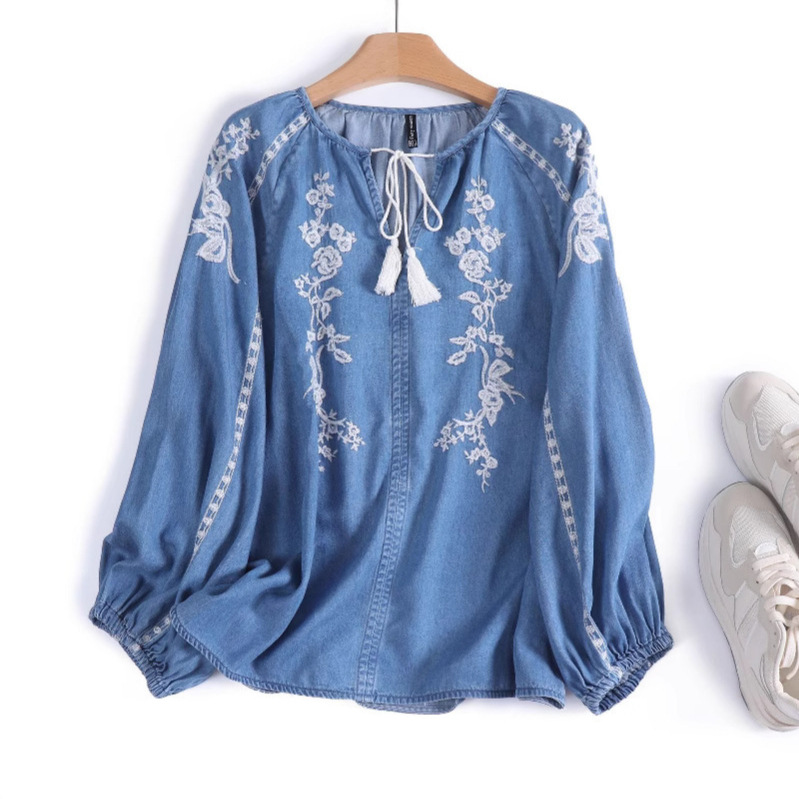 Women Denim Blouse Top Flower  - đánh giá và giá Embroidery Uniform