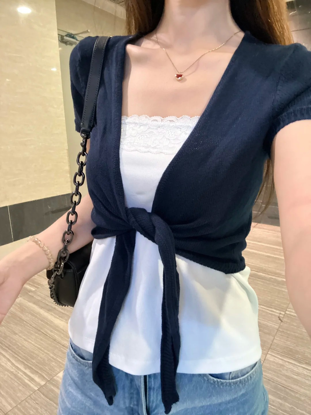 Navy Lace-up Cardigan Women Co - đánh giá và giá Embroidery Online